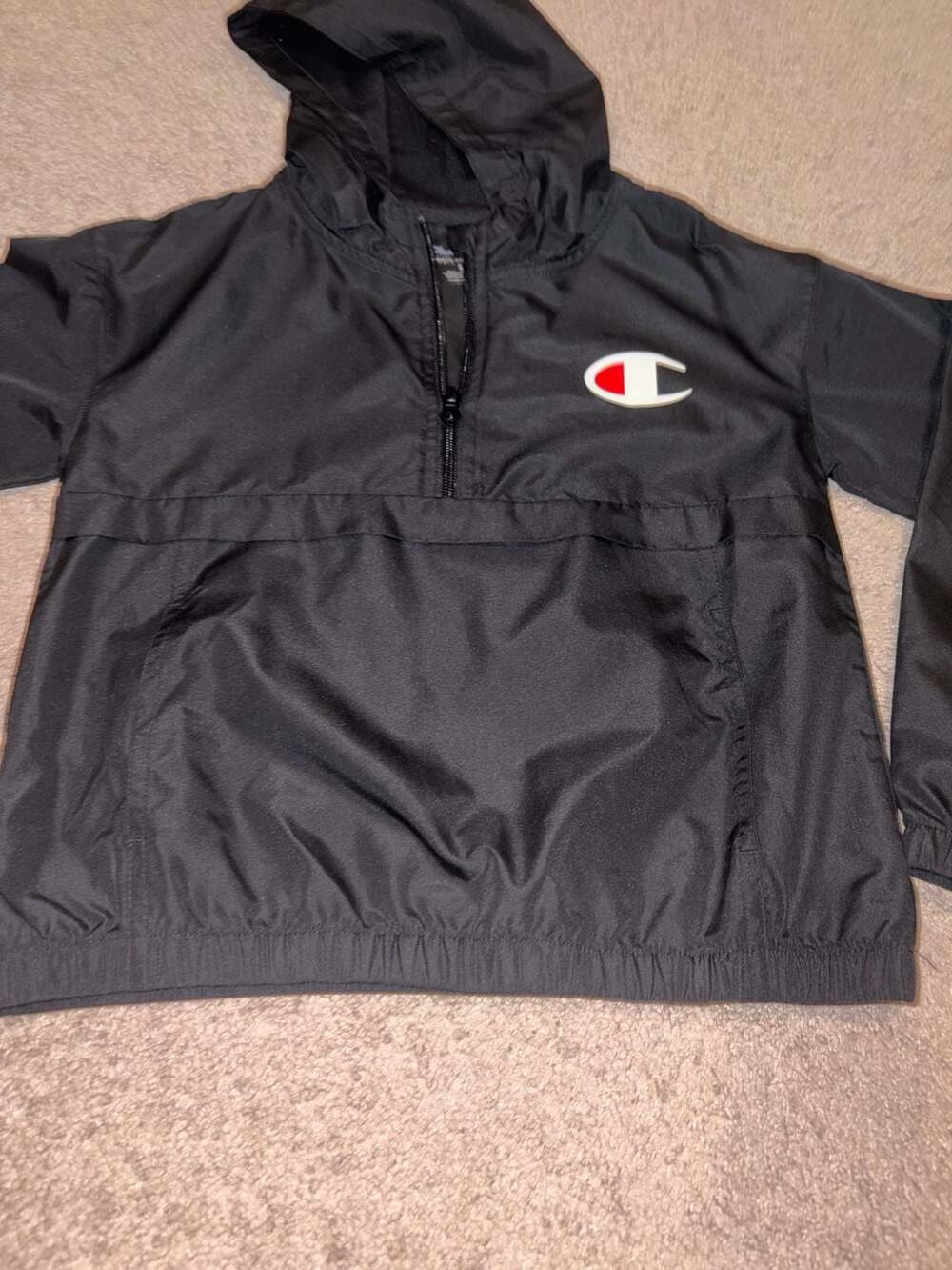 Champion Black Anorak Windbreaker Jacket with Hood and Logo Size Small